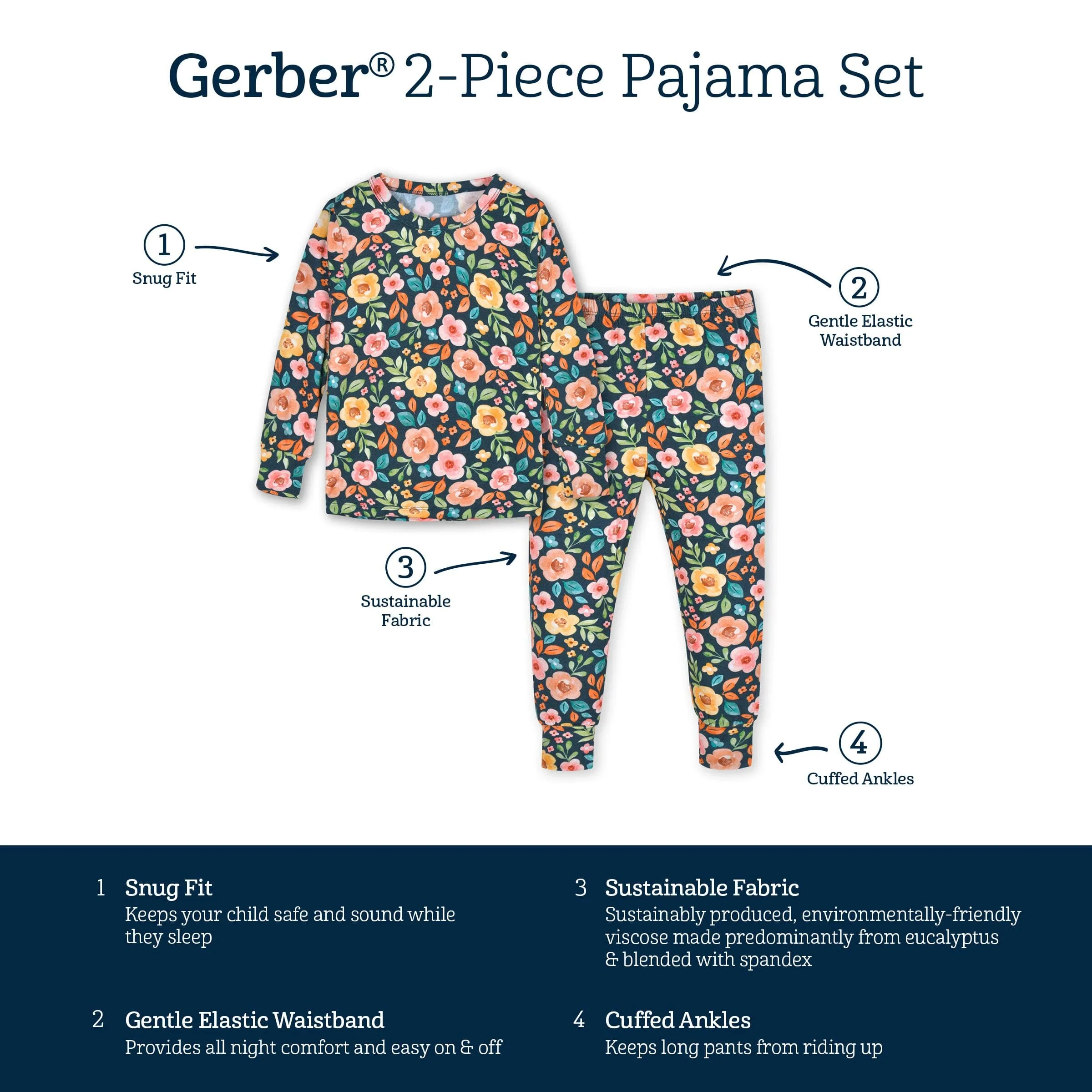 2-Piece Infant & Toddler Girls Midnight Floral Buttery Soft Viscose Made from Eucalyptus Snug Fit Pajamas Gerber Childrenswea