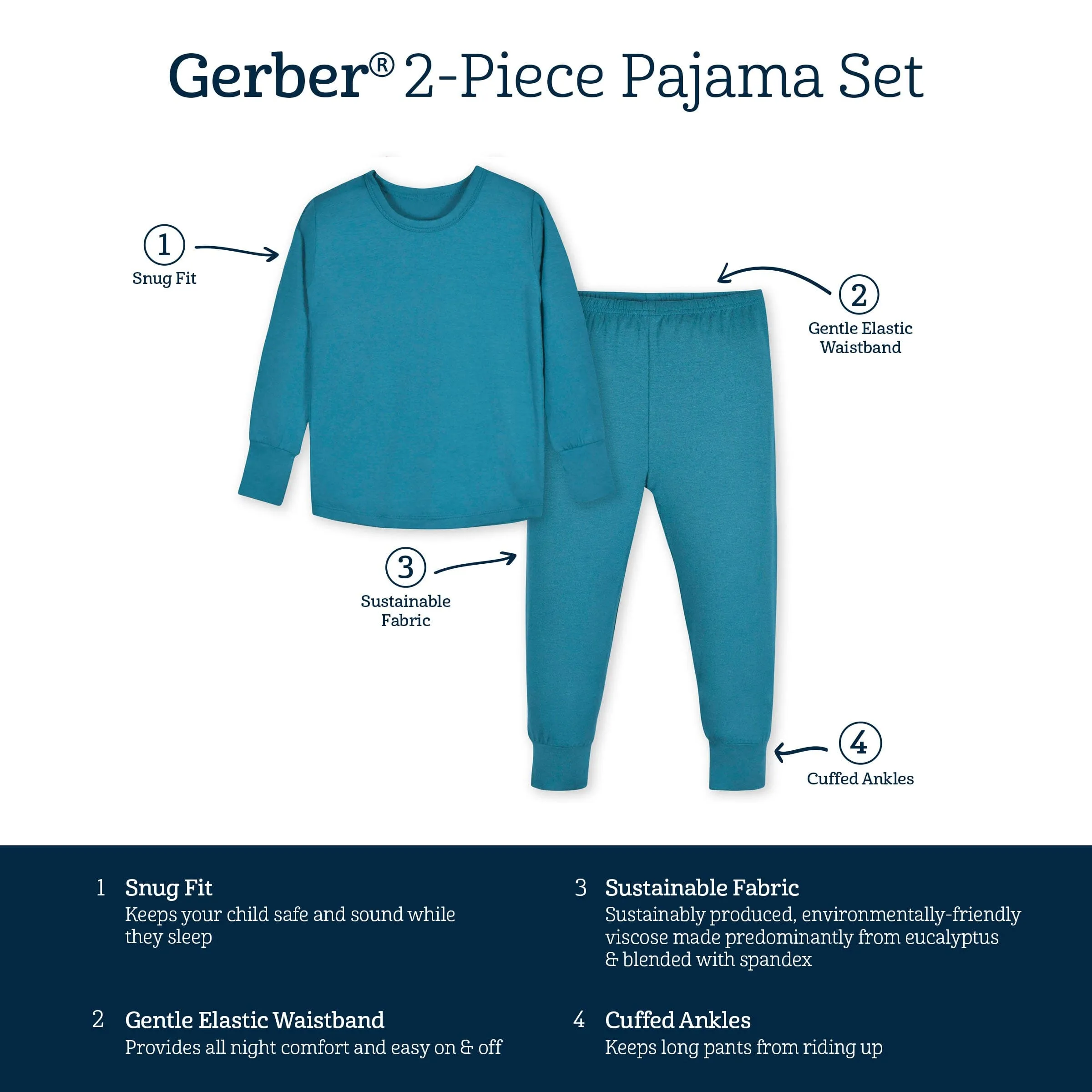 2-Piece Infant & Toddler Ocean Teal Buttery Soft Viscose Made from Eucalyptus Snug Fit Pajamas Gerber Childrenswea