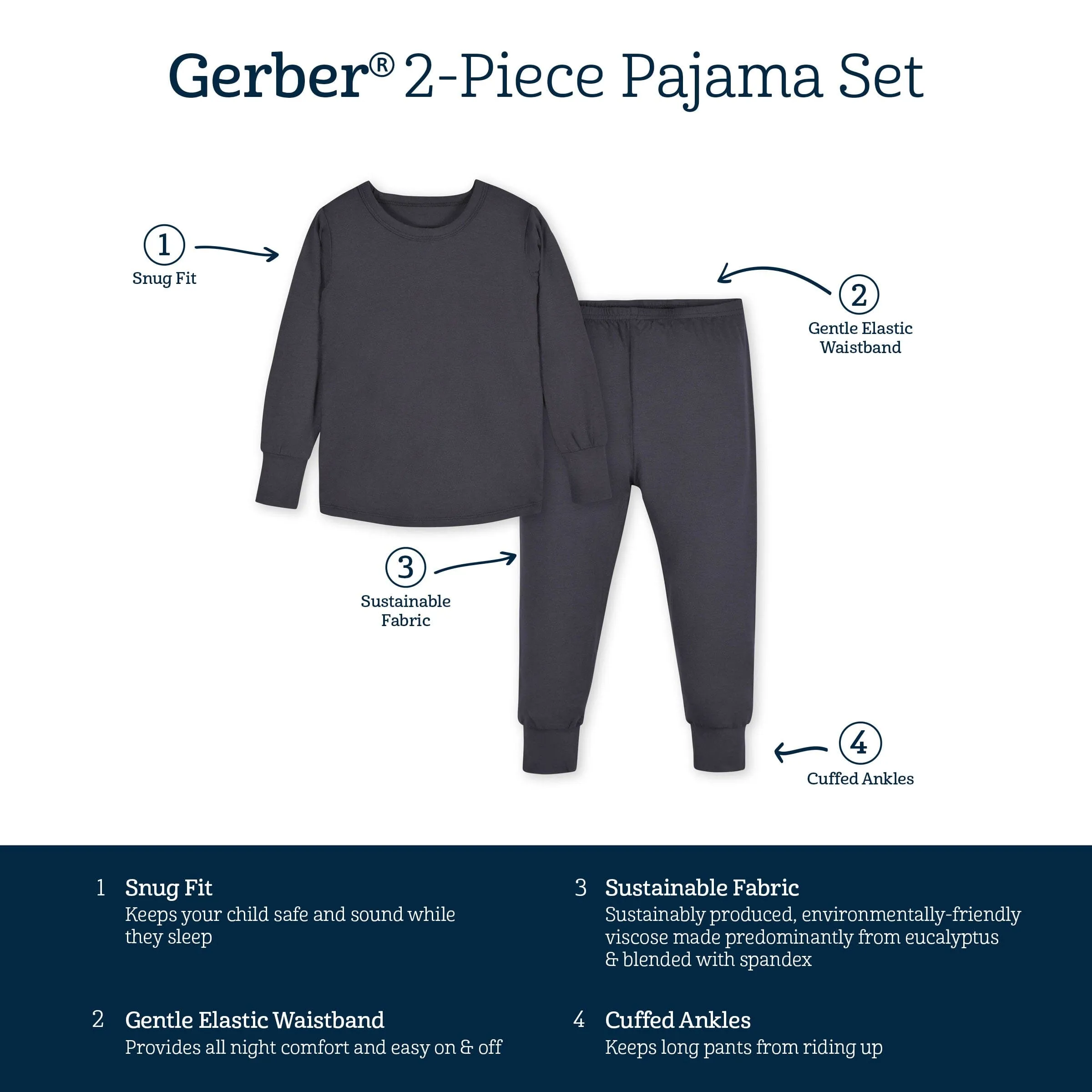 2-Piece Infant & Toddler Shadow Buttery Soft Viscose Made from Eucalyptus Snug Fit Pajamas Gerber Childrenswea