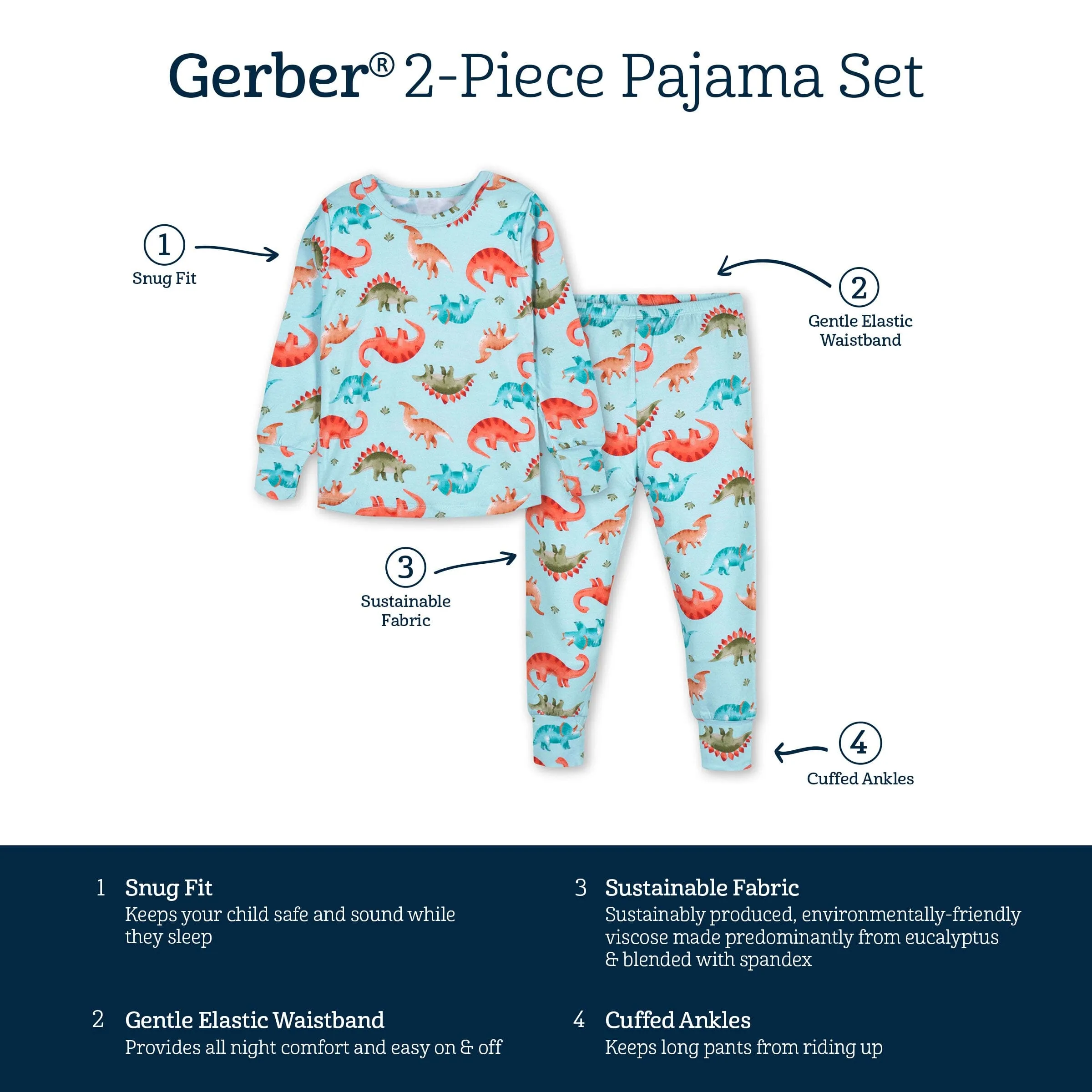 2-Piece Infant & Toddler Snugosaurous Buttery Soft Viscose Made from Eucalyptus Snug Fit Pajamas Gerber Childrenswea