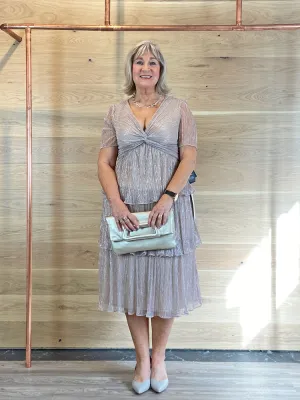 Adrianna Papell Metallic Mesh Tier Dress Taupe