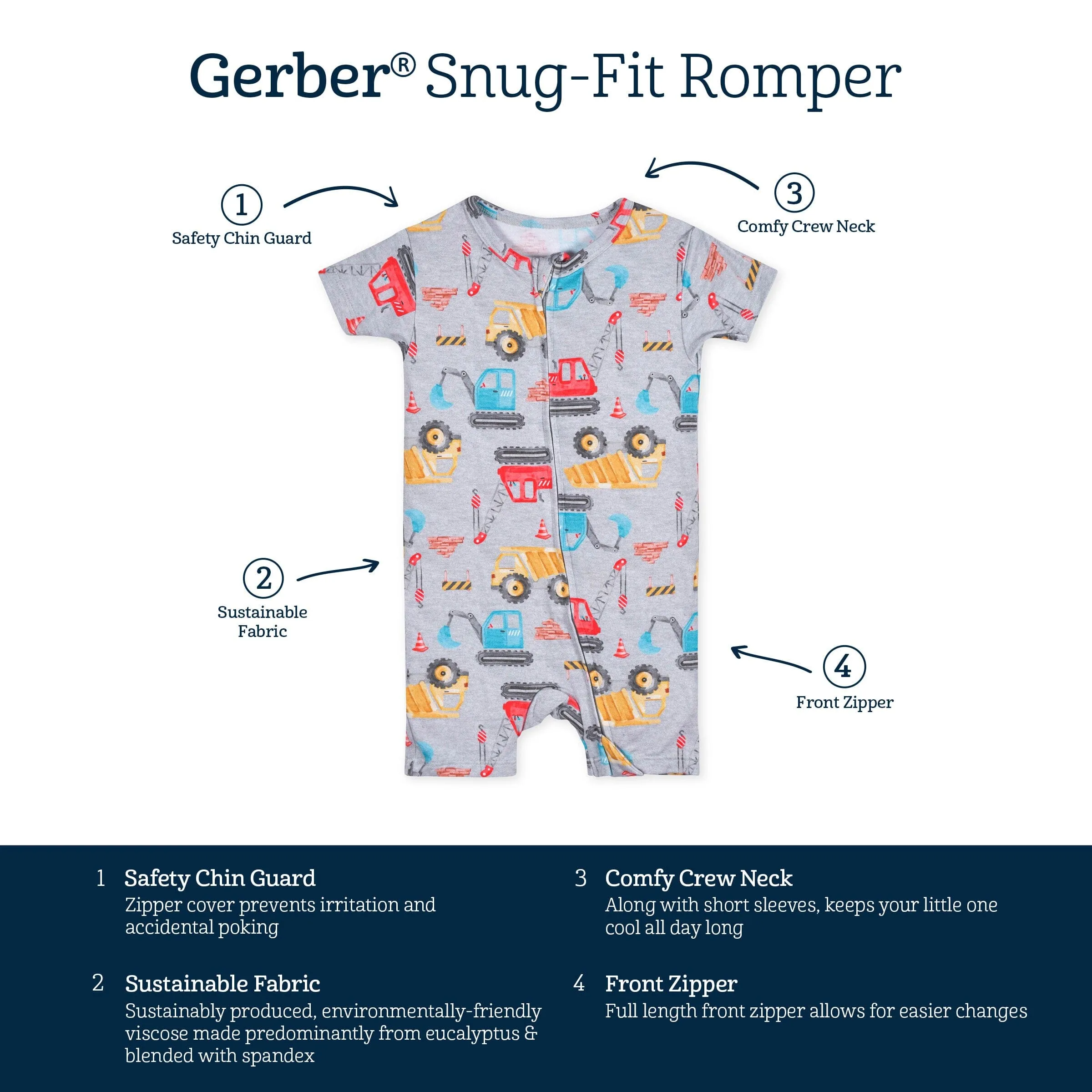 Baby Boys Construction Trucks Buttery Soft Viscose Made from Eucalyptus Snug Fit Romper Gerber Childrenswea