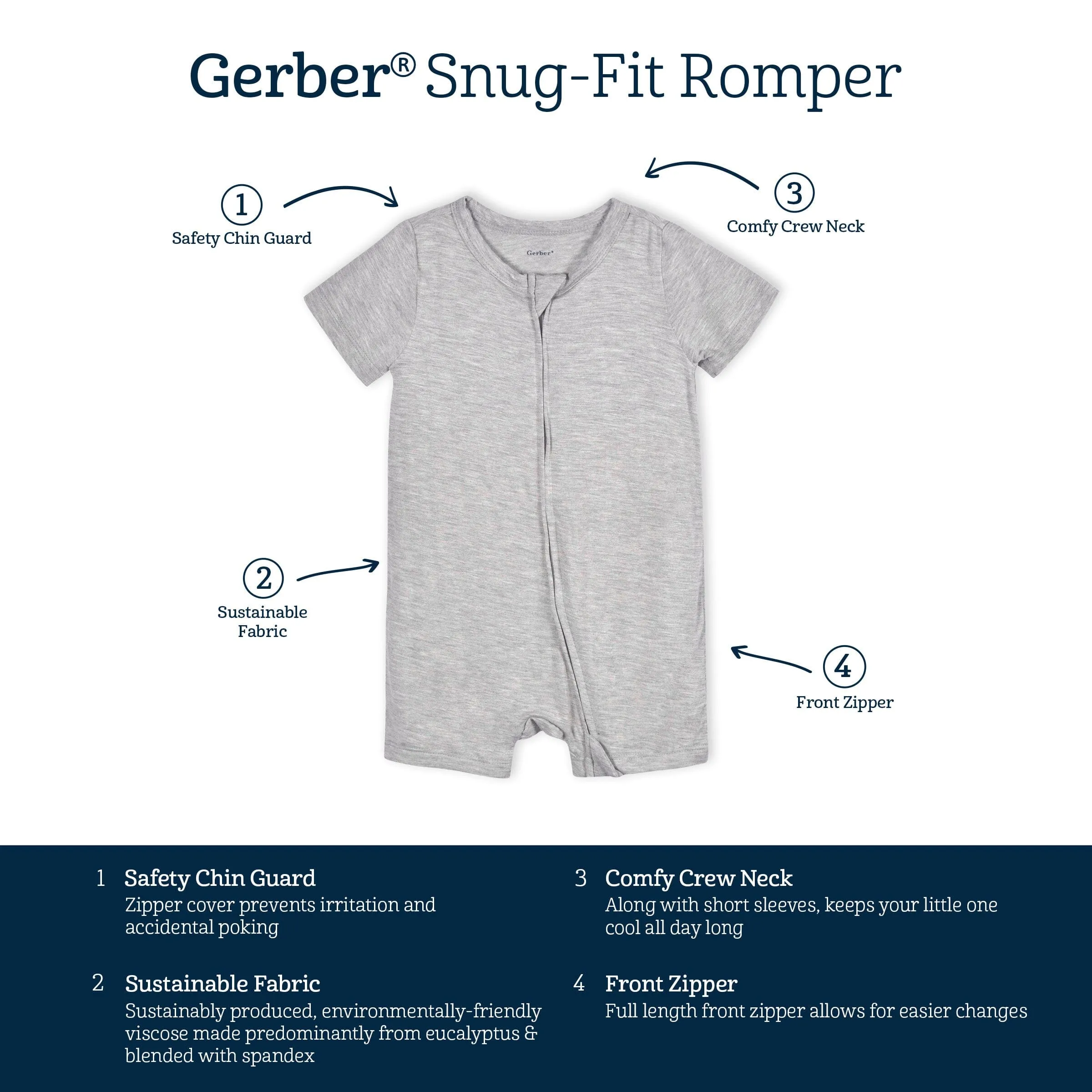 Baby Glacier Gray Buttery Soft Viscose Made from Eucalyptus Snug Fit Romper Gerber Childrenswea