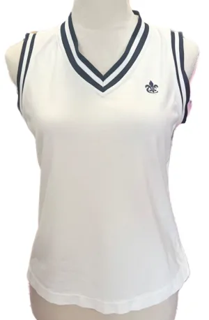 Belyn Key White & Navy VarsityTrim V-neck Sleeveless Top w/ Logo Size S MSP$108