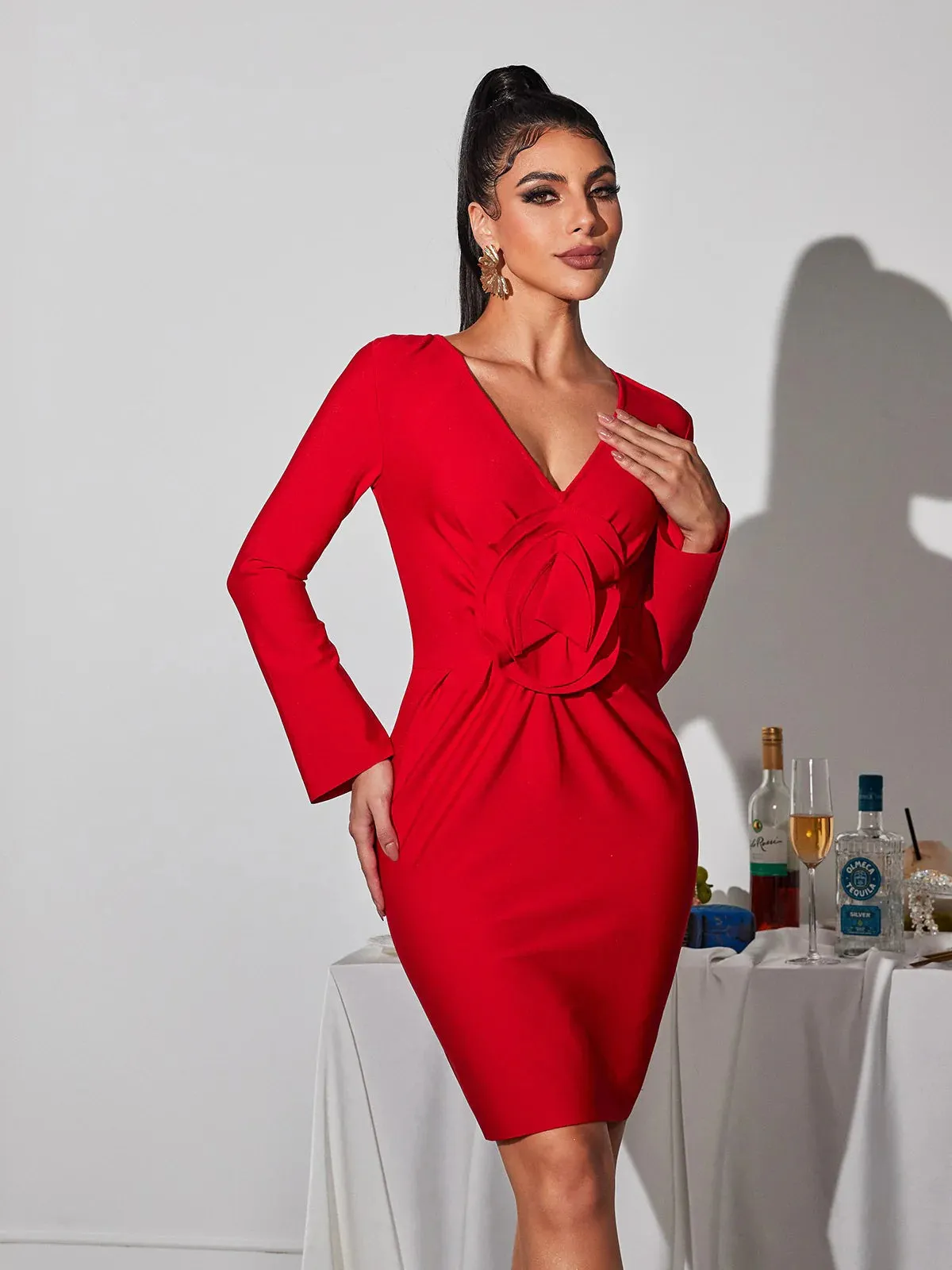 Bertilde V Neck Flower Mini Dress in red Gloria Lanvin