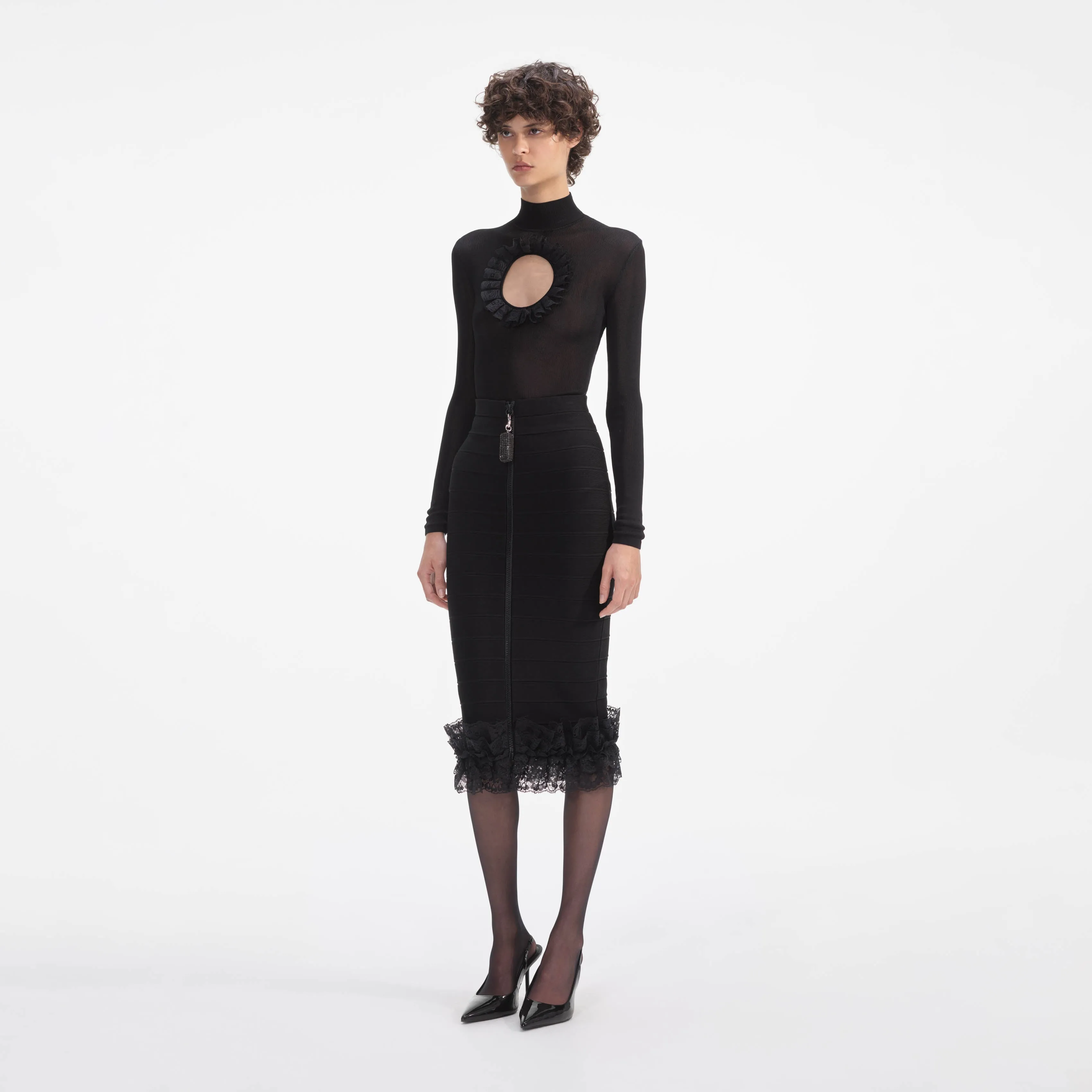 Black Ruffle Knit Midi Skirt Self Portrait