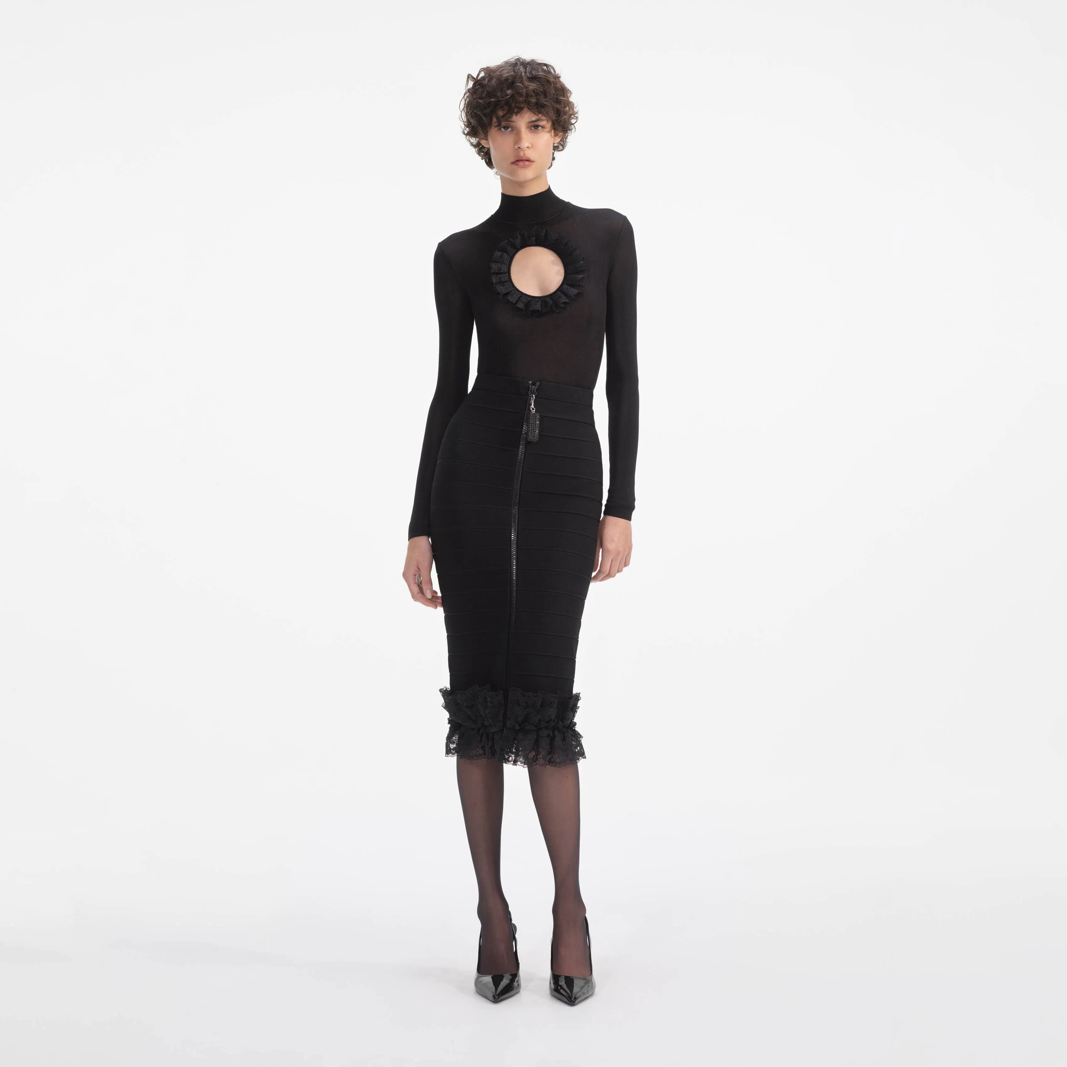 Black Ruffle Knit Midi Skirt Self Portrait