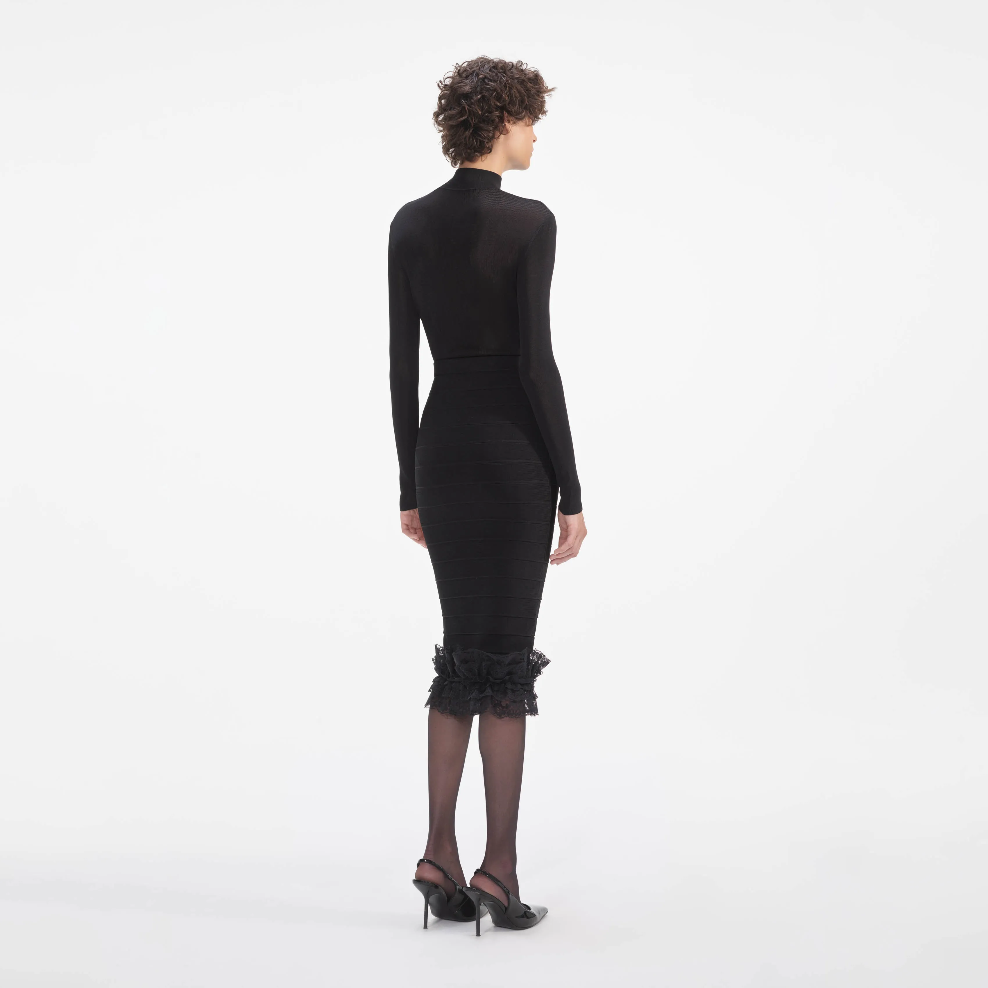 Black Ruffle Knit Midi Skirt Self Portrait