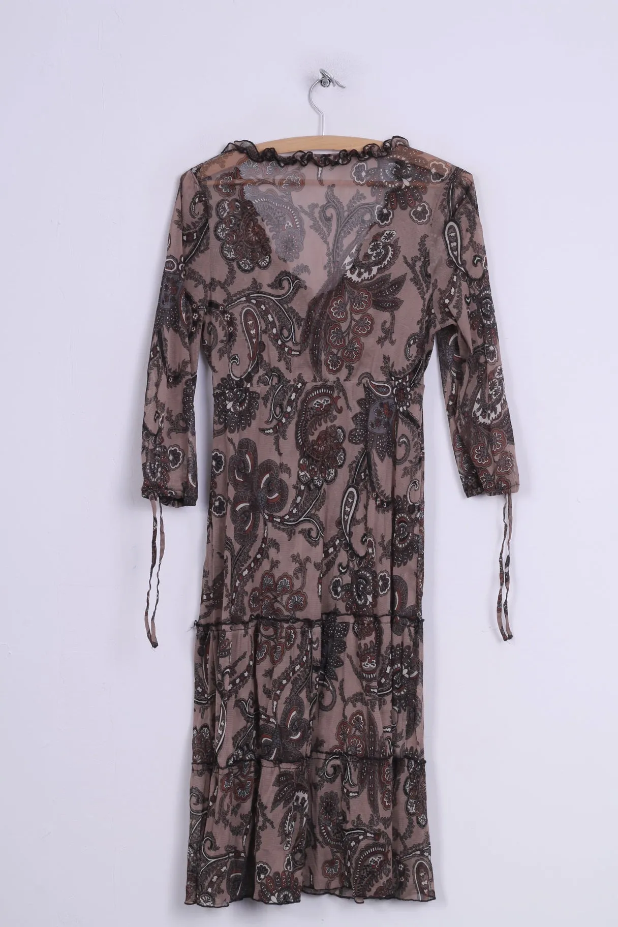 Boho Womens S Dress Brown Printed Transparent V Neck Vintage
