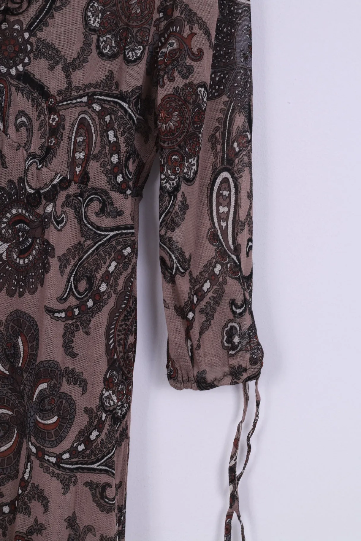 Boho Womens S Dress Brown Printed Transparent V Neck Vintage