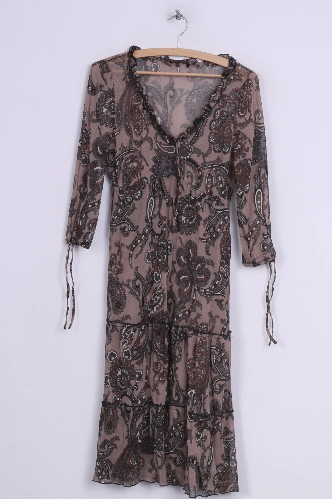 Boho Womens S Dress Brown Printed Transparent V Neck Vintage