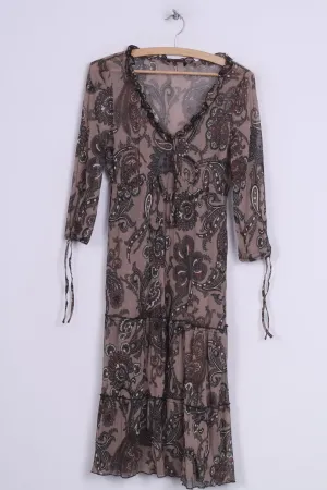 Boho Womens S Dress Brown Printed Transparent V Neck Vintage