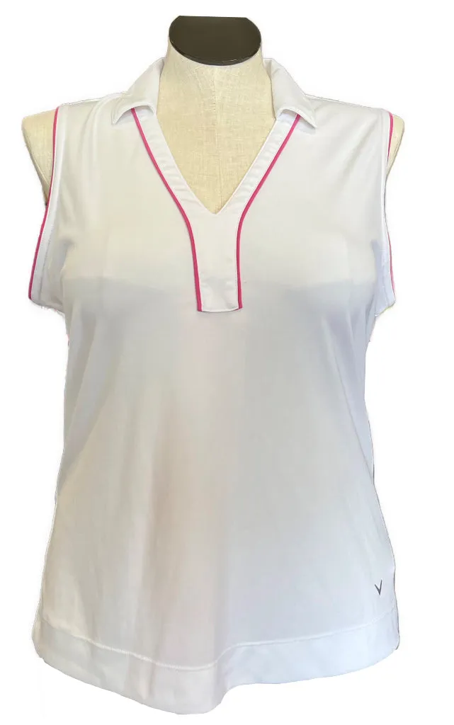 Callaway Women's Y-neck White Sleeveless Golf Polo w/Pink Trim Size XL