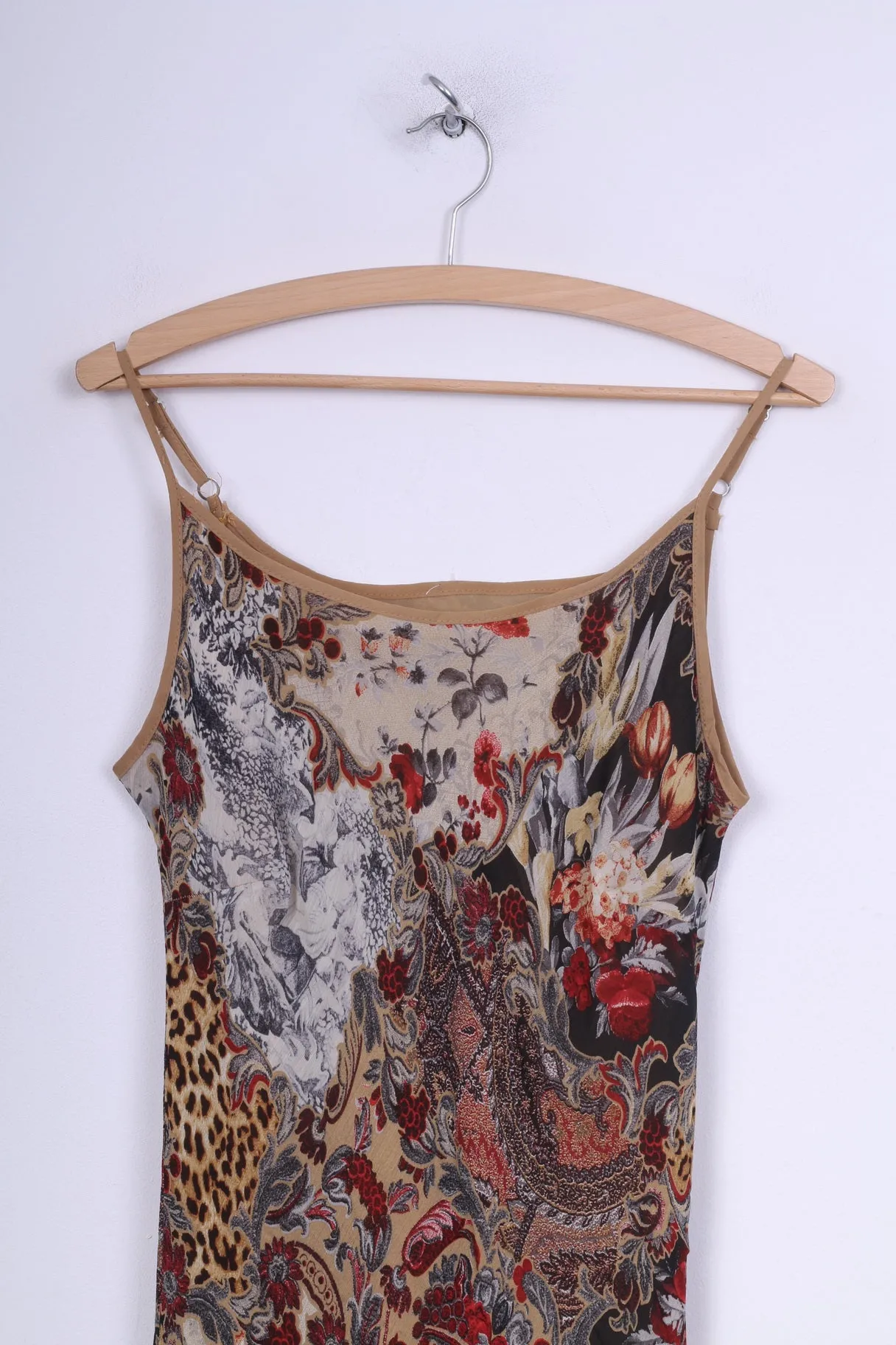 C&A Womens 14 L Long Dress Multi Printed Brown Flounce Spaghetti Straps Brown