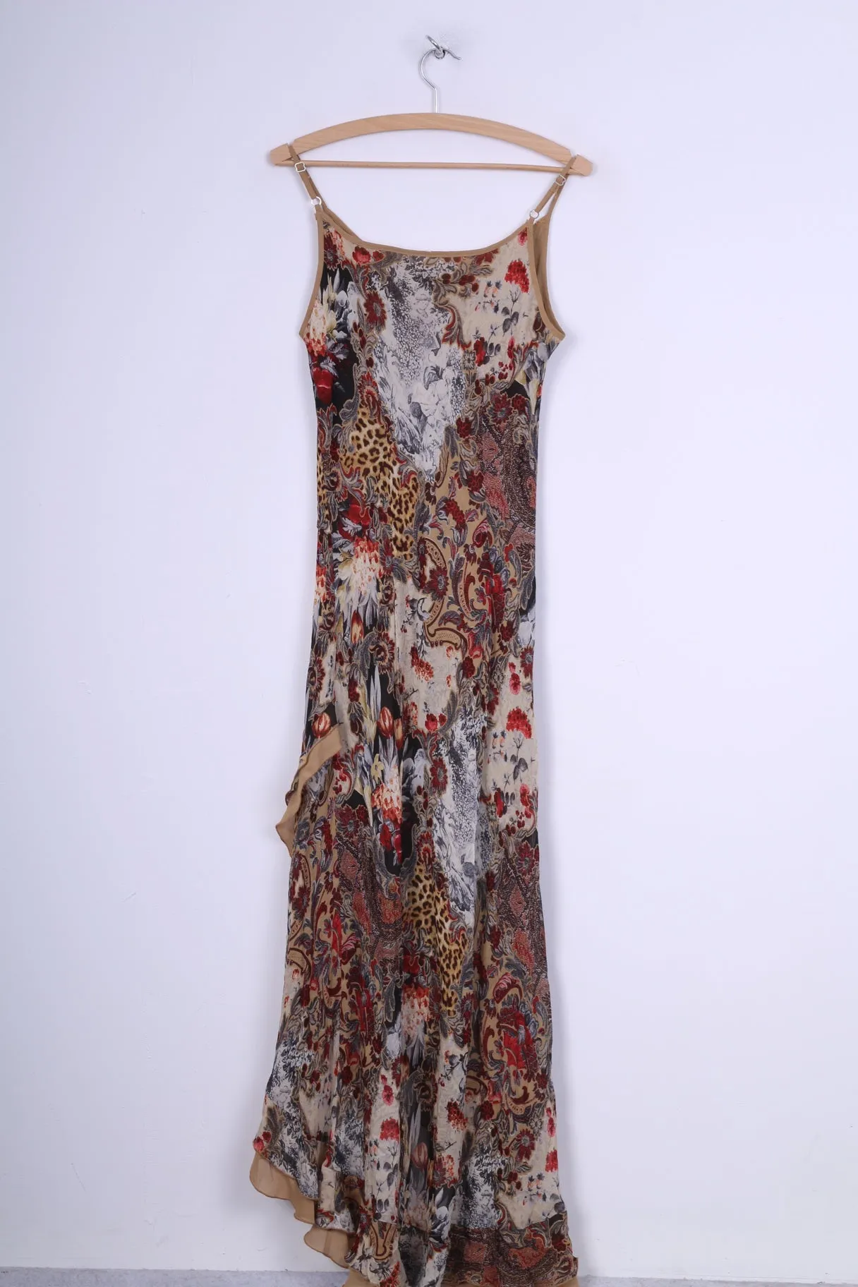 C&A Womens 14 L Long Dress Multi Printed Brown Flounce Spaghetti Straps Brown