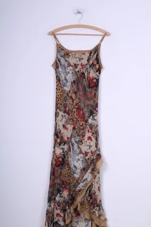 C&A Womens 14 L Long Dress Multi Printed Brown Flounce Spaghetti Straps Brown