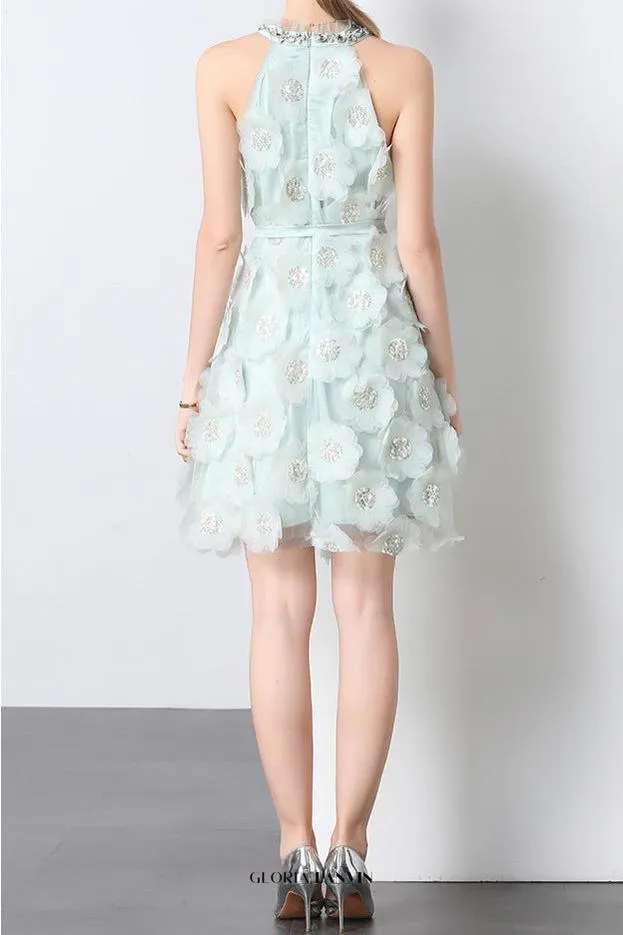 chloe rhinestone 3d flower mini dress in mint Gloria Lanvin