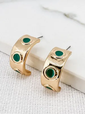Envy Gold Half Hoop Earrings with Green Dots