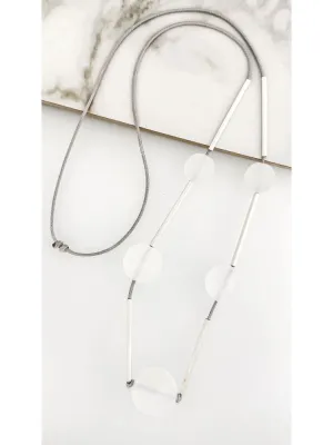 Envy Long Grey Adjustable Necklace with White Acrylic Balls and Silver Detail