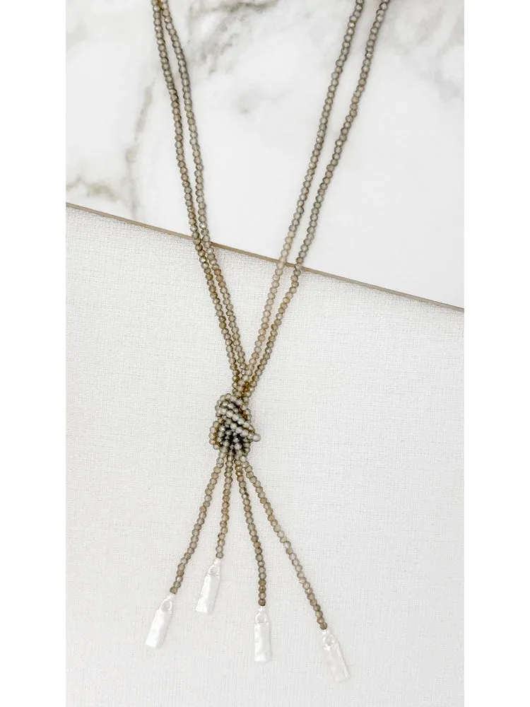 Envy Long Grey Beaded Necklace with Knot