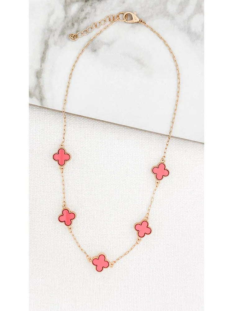 Envy Short Gold Necklace with Pink Clovers