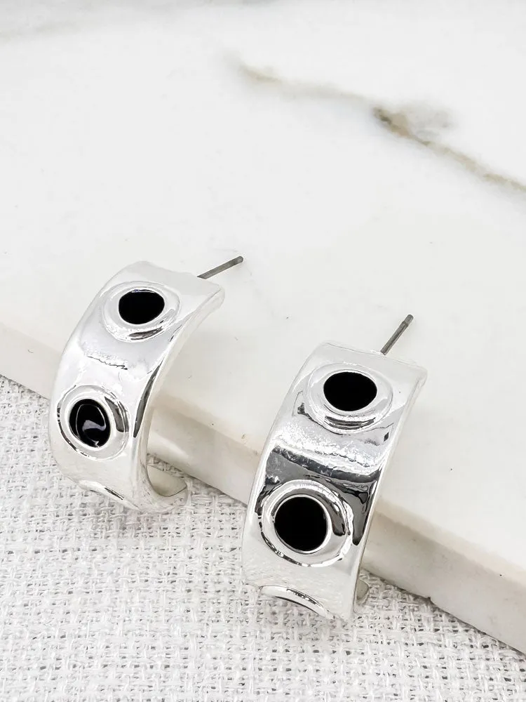 Envy Silver Half Hoop Earrings with Black Dots