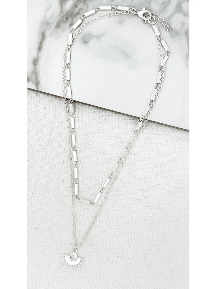 Envy Two Chain Short Silver Necklace with Fan Pendant