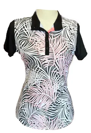 EP NY Black & Pink Tropical Patterned Women's Short Sleeve Golf Top Size M MSP$79