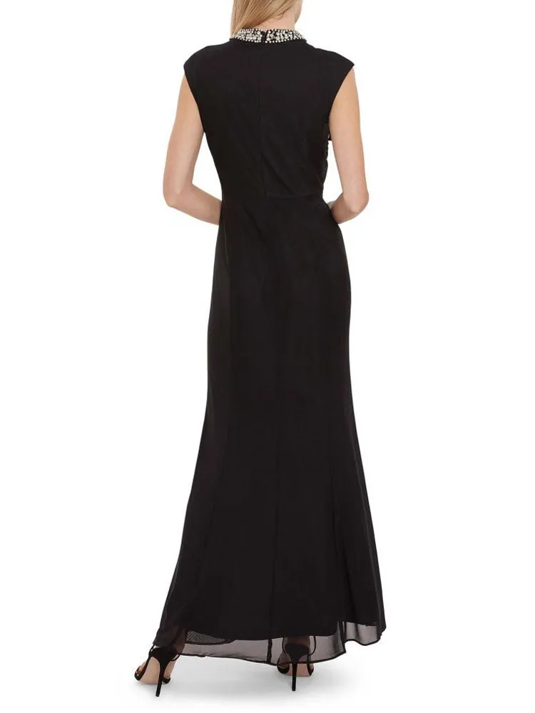 Gina Bacconi Stretch Mesh Maxi Dress with Diamante Detail Black