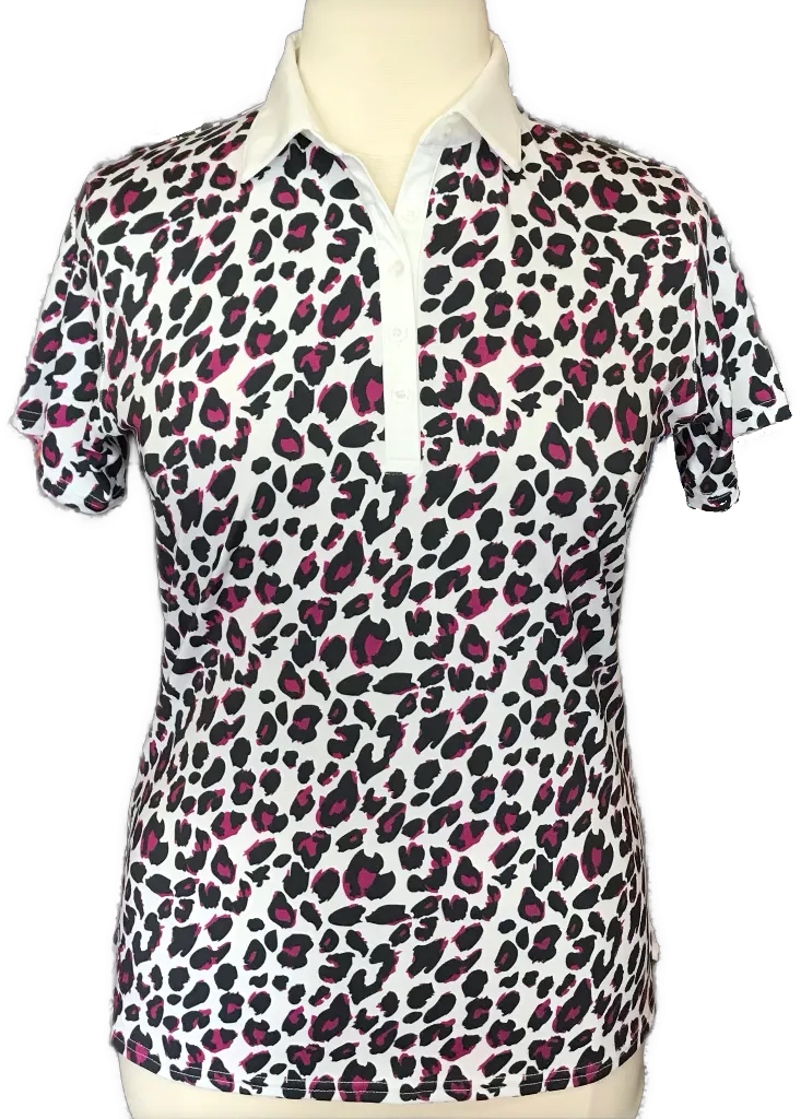 Glenmuir Women's Animal Print Golf Polo in White, Gray & Pink Size L MSP$88