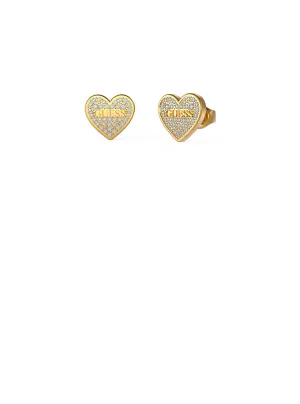 Gold Crystal Heart Logo Stud Earrings Guess