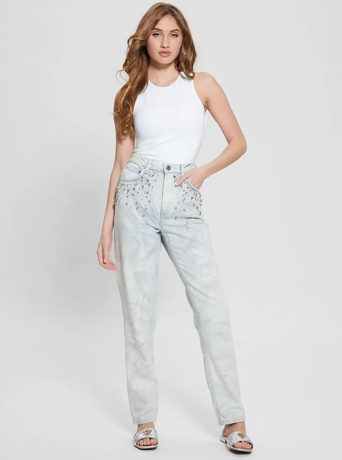 High-Rise Mom Jeans in Light Wash Guess