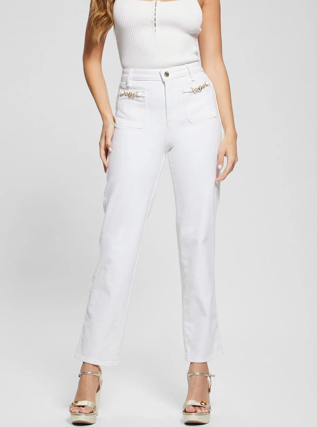 High-Rise Straight Leg Relaxed Jeans in White Wash Guess