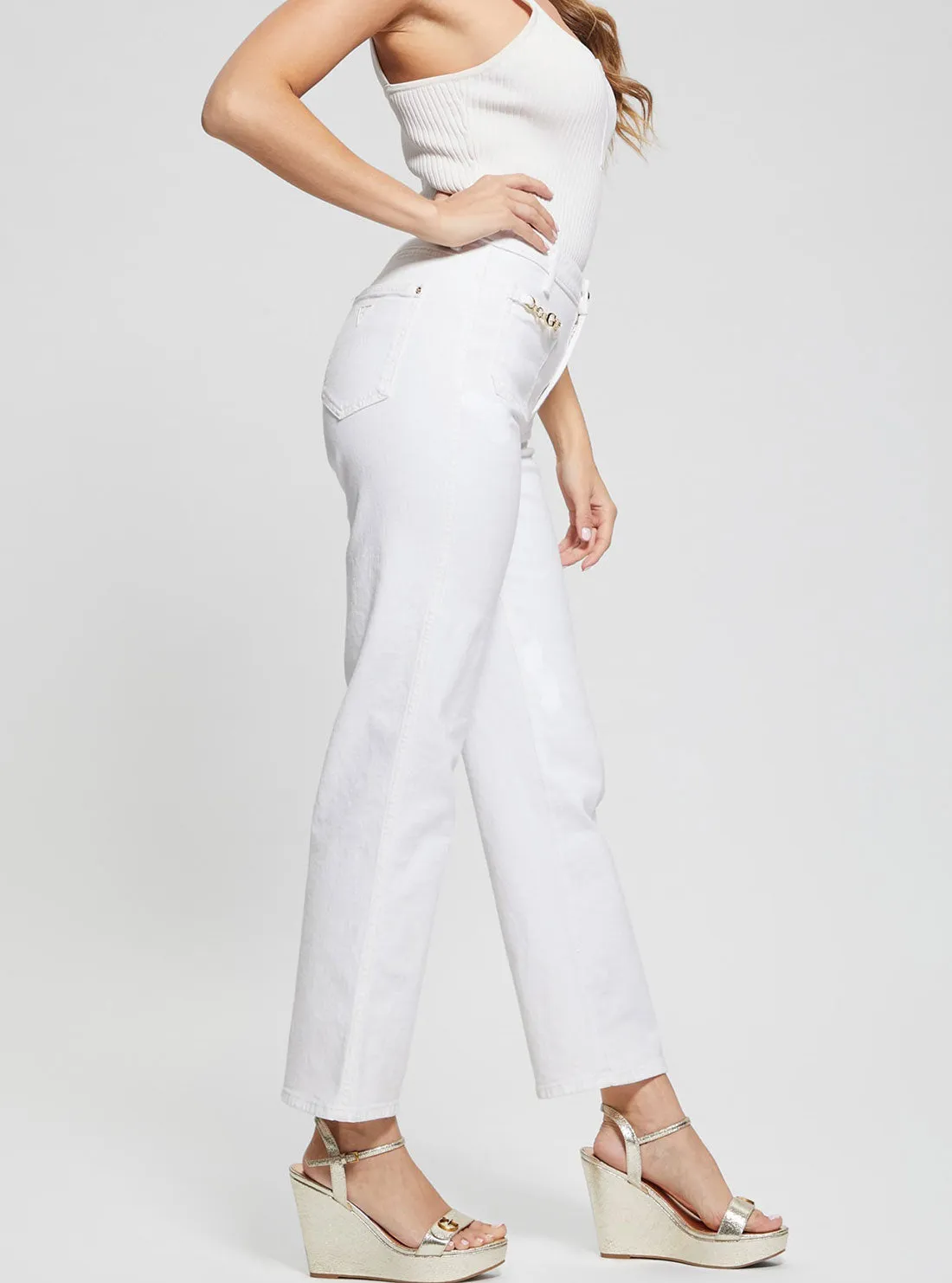 High-Rise Straight Leg Relaxed Jeans in White Wash Guess