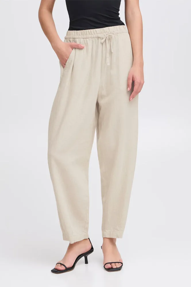 ICHI Linno Ecru Barrel Leg Trousers