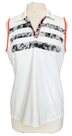 Izod Golf White and Gray Graphic Stripe Sleeveless Polo with Coral Accent Size L MSP$50