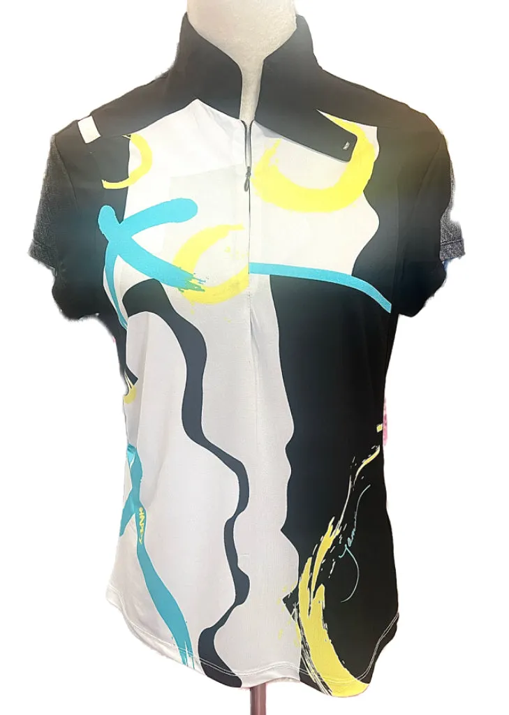 Jamie Sadock Black, Gray & Teal Print  Short Sleeve Women's Golf Top Size S