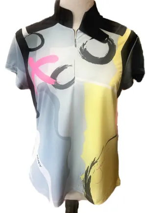 Jamie Sadock Gray & Yellow Patterned Short Sleeve Women's Golf Top Size S