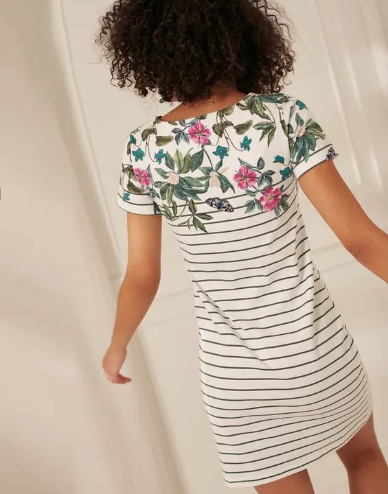 Joules Riviera Print Printed Jersey Short Sleeve Dress - Cream Botanical