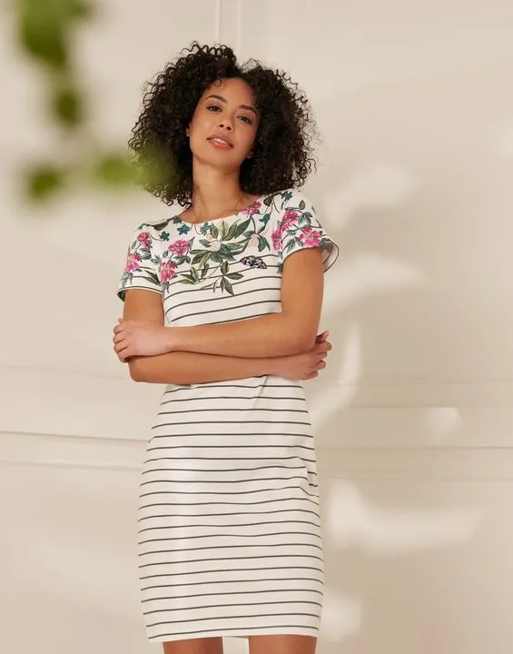 Joules Riviera Print Printed Jersey Short Sleeve Dress - Cream Botanical