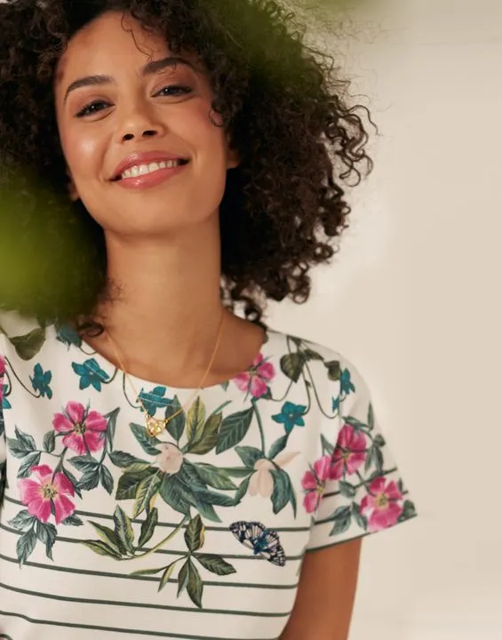 Joules Riviera Print Printed Jersey Short Sleeve Dress - Cream Botanical