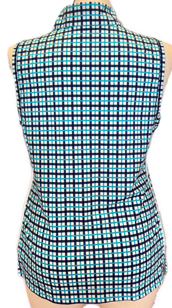 Kinona Blue & Navy Mediterranean Check Sleeveless Top Size XL MSP$114