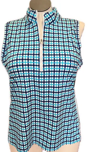 Kinona Blue & Navy Mediterranean Check Sleeveless Top Size XL MSP$114