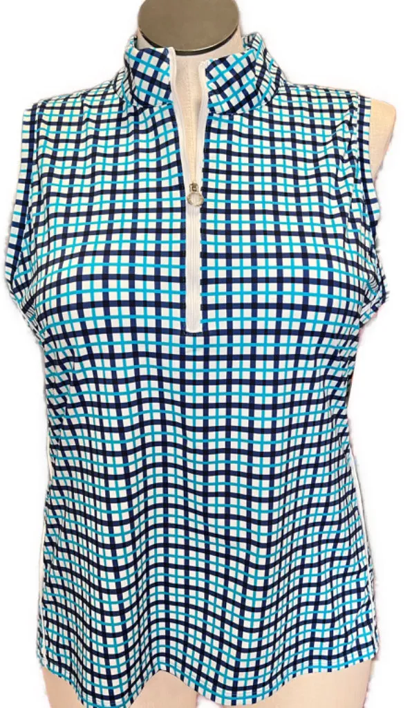 Kinona Blue & Navy Mediterranean Check Sleeveless Top Size XL MSP$114