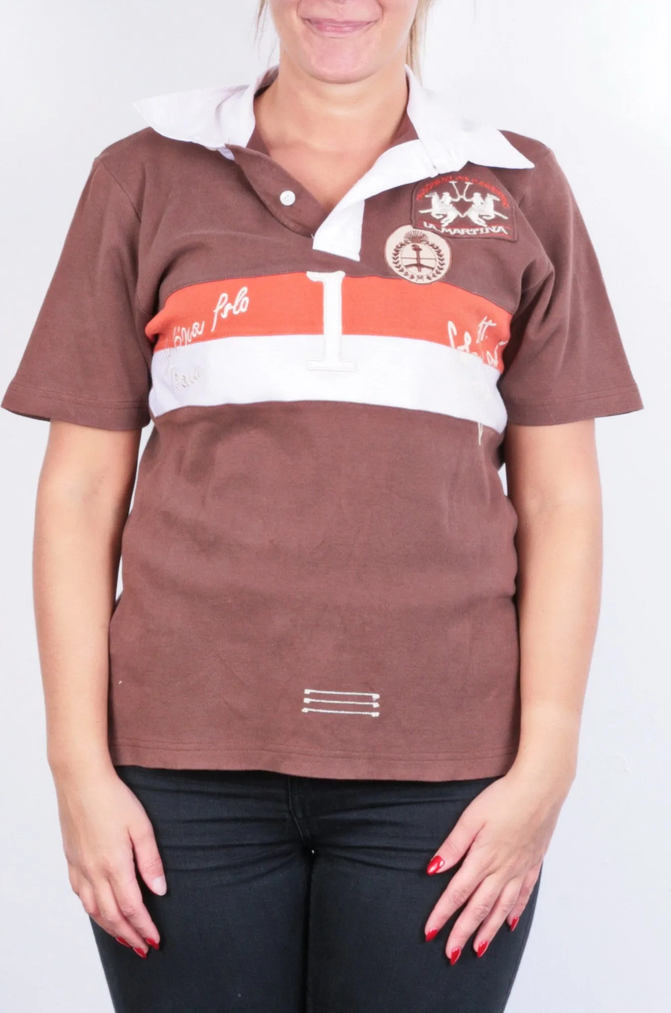 La Martina Womens M Polo Shirt Sport Brown Cotton