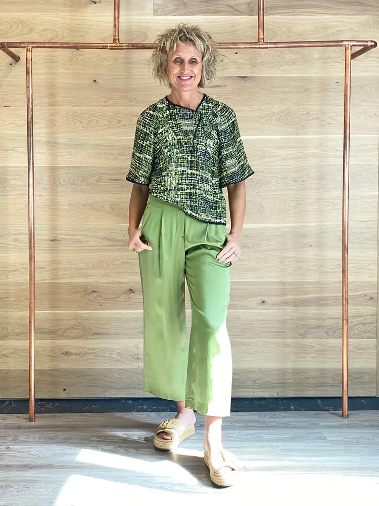 Luisa Cerano Satin Wide Leg Trousers Moss Green