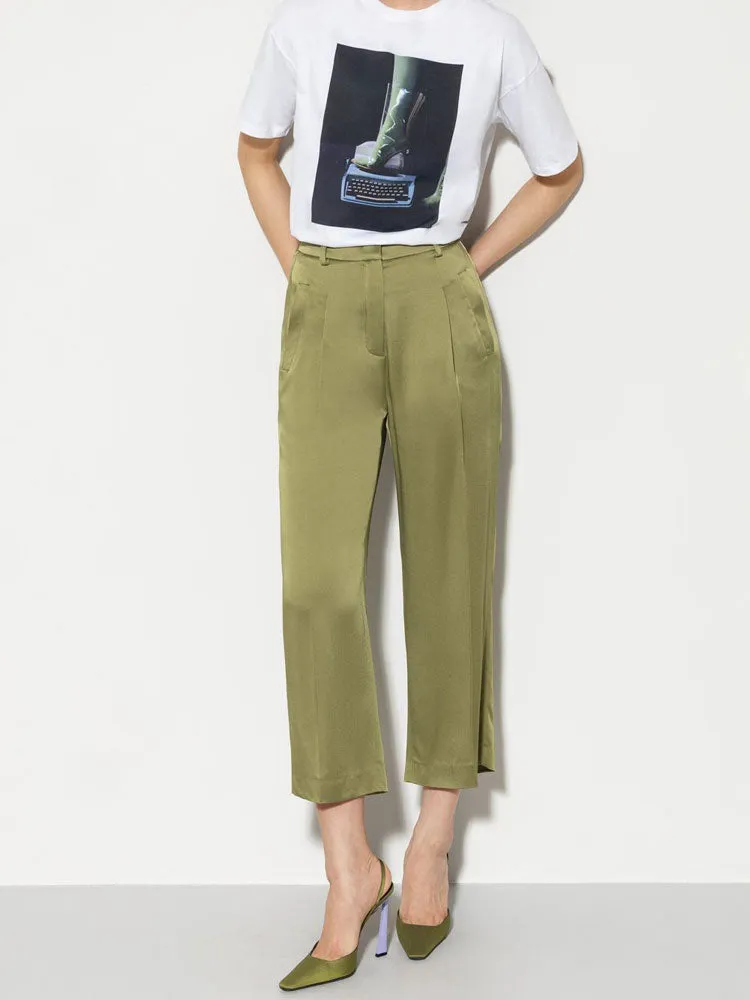 Luisa Cerano Satin Wide Leg Trousers Moss Green