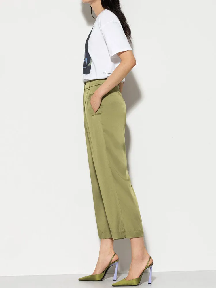 Luisa Cerano Satin Wide Leg Trousers Moss Green