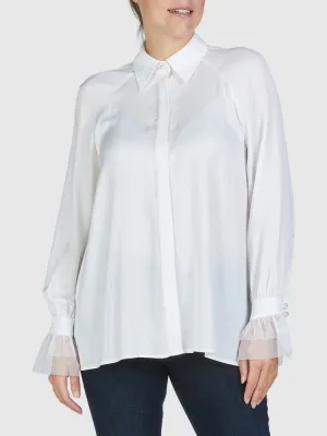 Marc Aurel Satin Blouse with Tulle Cuffs Off White