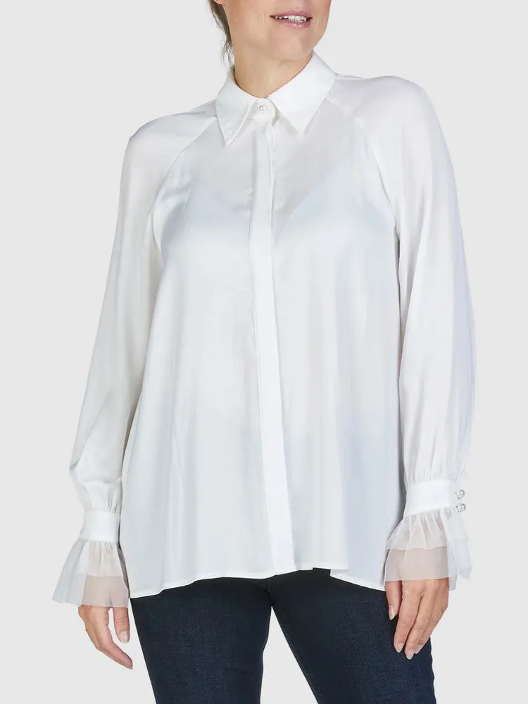 Marc Aurel Satin Blouse with Tulle Cuffs Off White